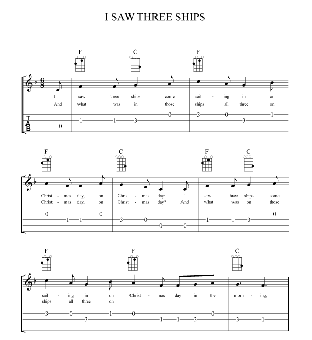 Ok, here is your chance to try out some of the 6/8 strumming patterns from above on the Christmas classic "I Saw Three Ships." TIP: Remember to keep your strumming hand moving in the 6/8 pattern at all times. Don't stop the pattern when you switch chords. Try to keep the rhythm steady and count in your head or tap your foot on the bar's strong and weak beats.