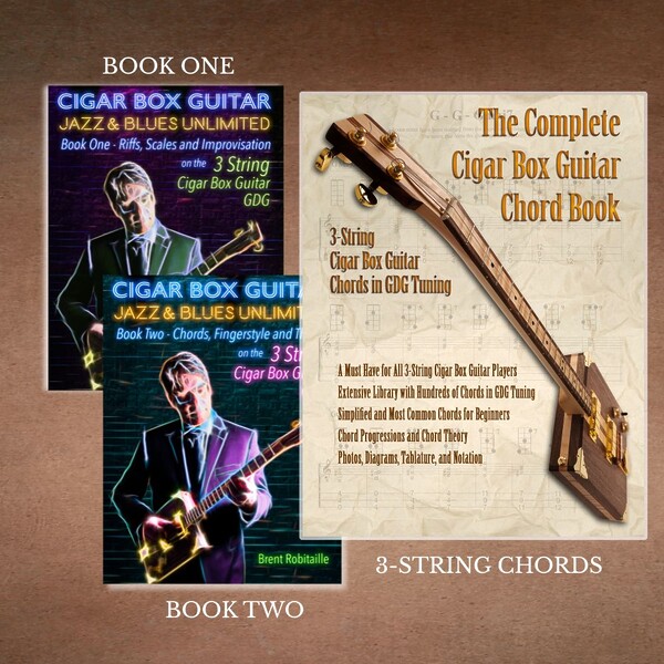 Cigar Box Guitar Jazz & Blues Unlimited 3-String eBook Bundle – three instructional books by Brent Robitaille