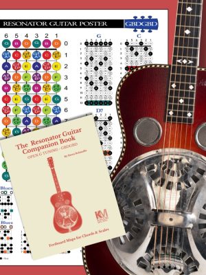 Guitar resonator and fretboard chart with the book "The Resonator Guitar Companion Book" on chord and scale maps, highlighting guitar tuning and playing techniques.